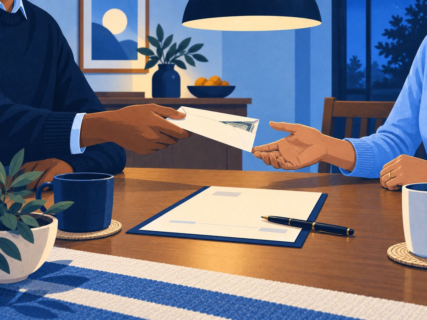 A loan being handed across a kitchen table, with the written agreement beside it
