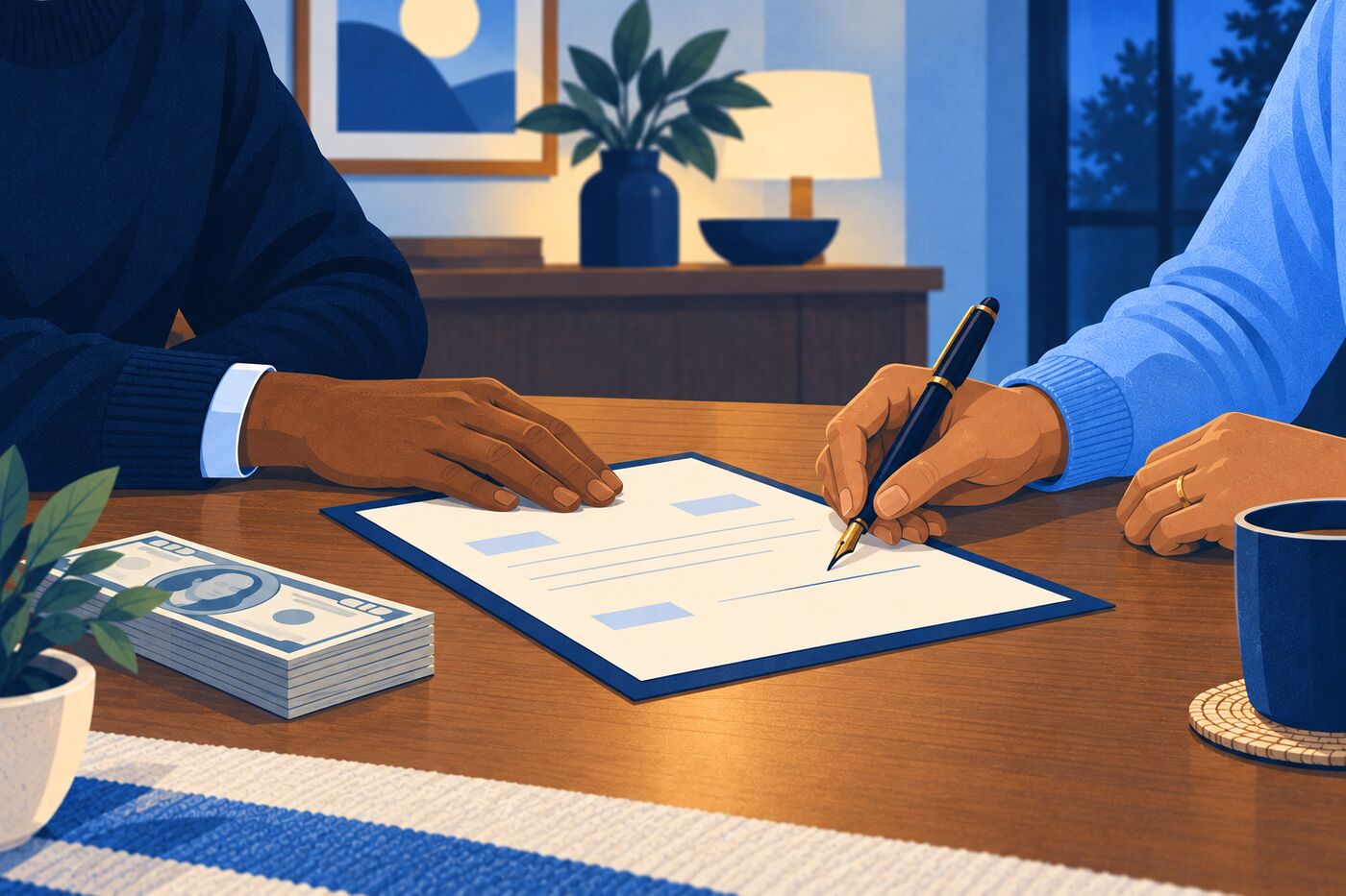 Two people agreeing the terms of a loan over a signed document